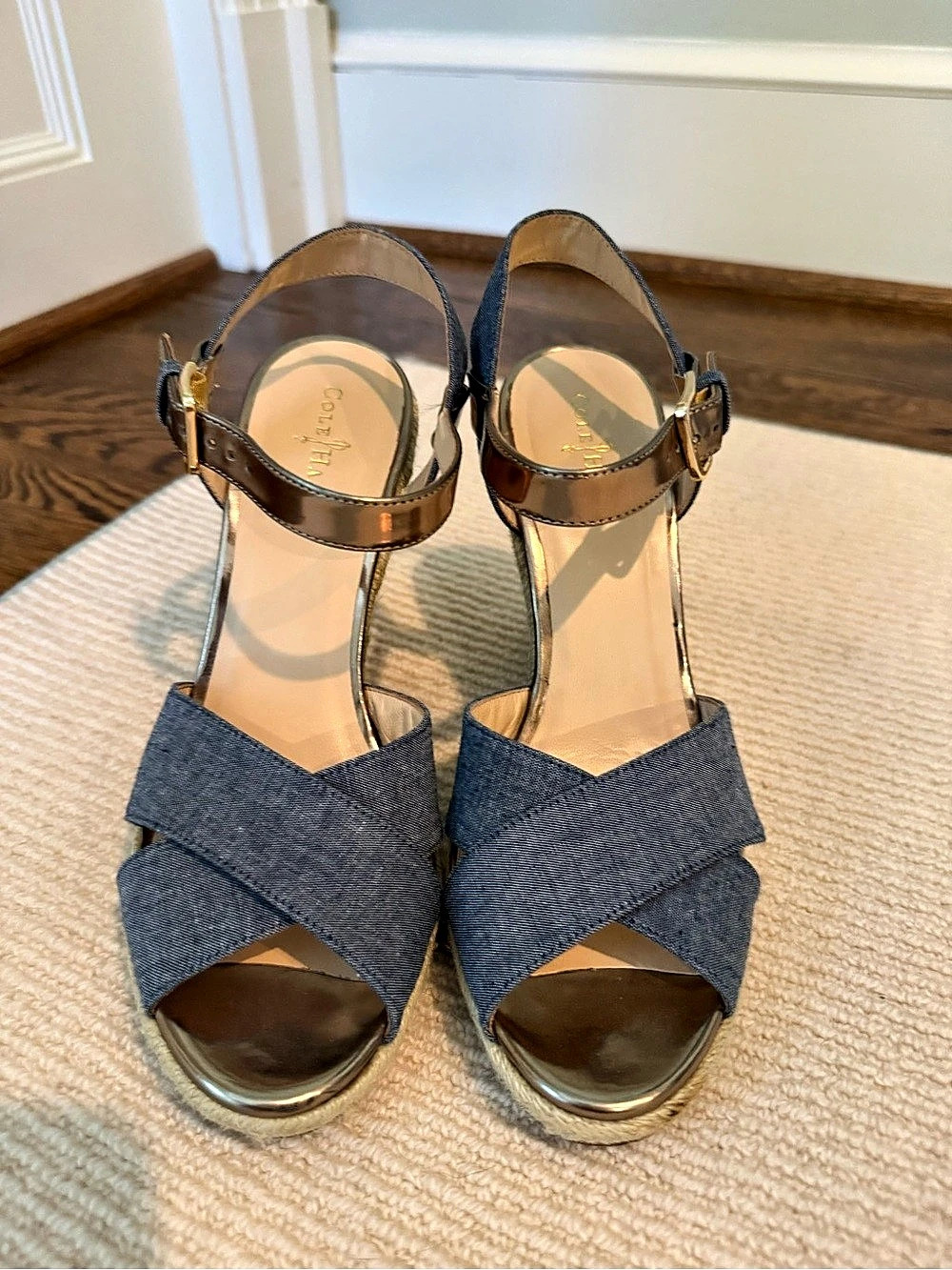 Cole Haan Blue Chambray Metallic Espadrille Wedge Sandals